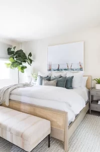 Master bedroom in white with floor plan